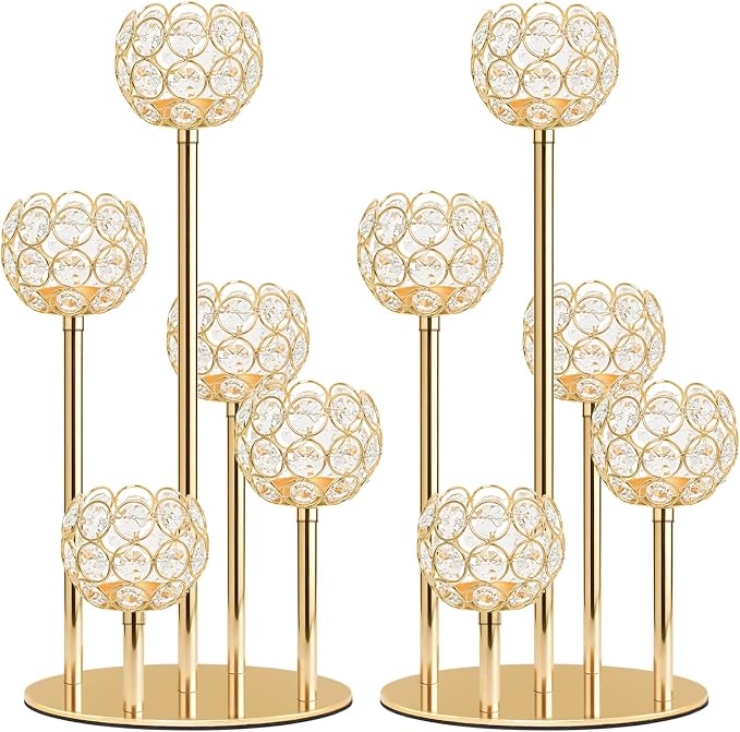 5-Arm Crystal Tealight Candelabra Centerpiece, 14.8 Inch Metal Candle Holder for Table Decor, Wedding, Christmas, Party, Anniversary & Home Decoration (2, Gold, S-14.8 in)