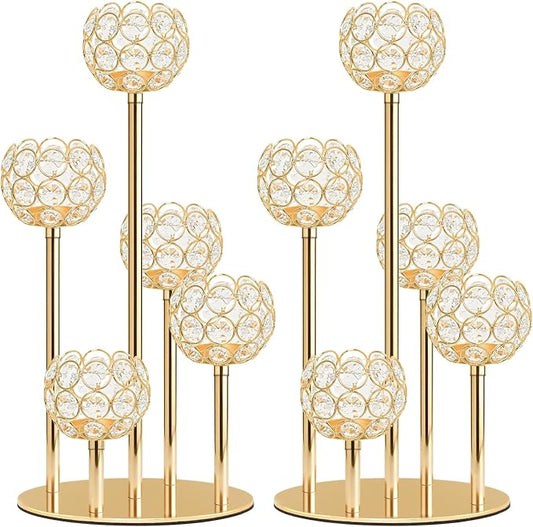 5-Arm Crystal Tealight Candelabra Centerpiece, 14.8 Inch Metal Candle Holder for Table Decor, Wedding, Christmas, Party, Anniversary & Home Decoration (2, Gold, S-14.8 in)