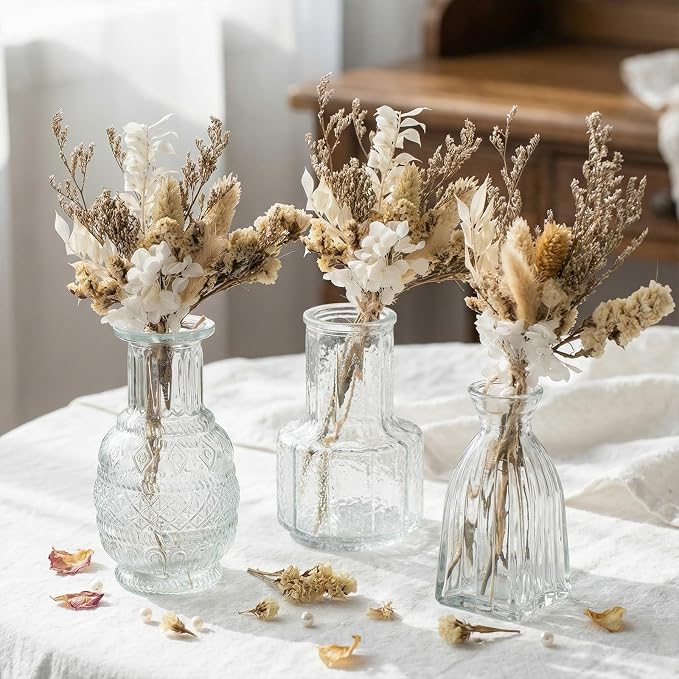 Yerliker 48pcs Glass Bud Vase Set with Dried Flower Bouquet Wedding Centerpieces for Tables, Mini Clear Bud Vases Boho Dried Flower for Centerpieces Rustic Wedding Birthday Party Anniversary Decor