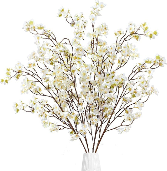 Sggvecsy Artificial Cherry Blossom Flowers 4 Pcs Faux Cherry Blossom Stems Faux Silk Cherry Blossom Branches 41’’ Fake Flowers Long Stems for Vase Arrangements Home Wedding Table Decor (White)