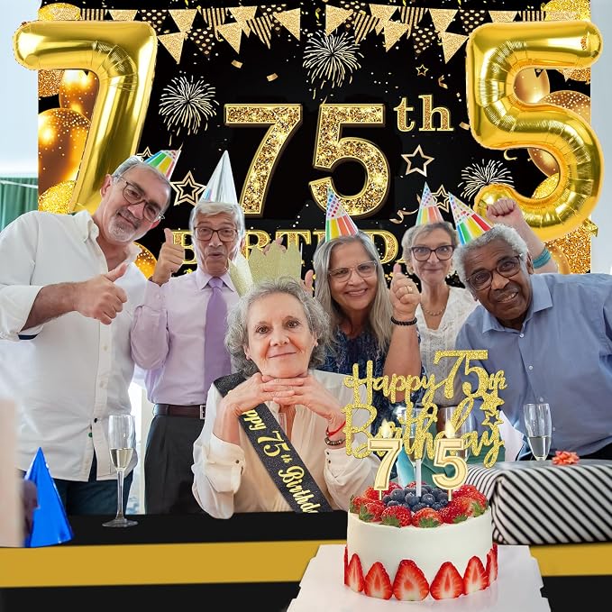 75th Birthday Decorations Men Women with 75th Birthday Banner, Black and Gold Table Cloth, Number Balloons, Large Sash, Cake Topper and Candles