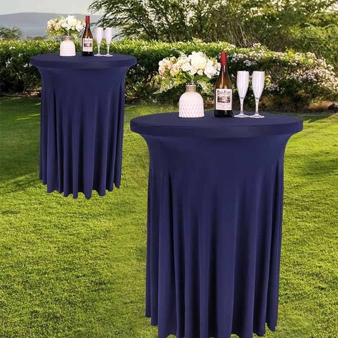 Fivenl 6 Pack Round Cocktail Tablecloth 32"x 43" Spandex Cocktail Table Skirt, Washable Stretch Fitted Table Covers for High Top Bar,Wedding,Party,Events (Navy Blue)