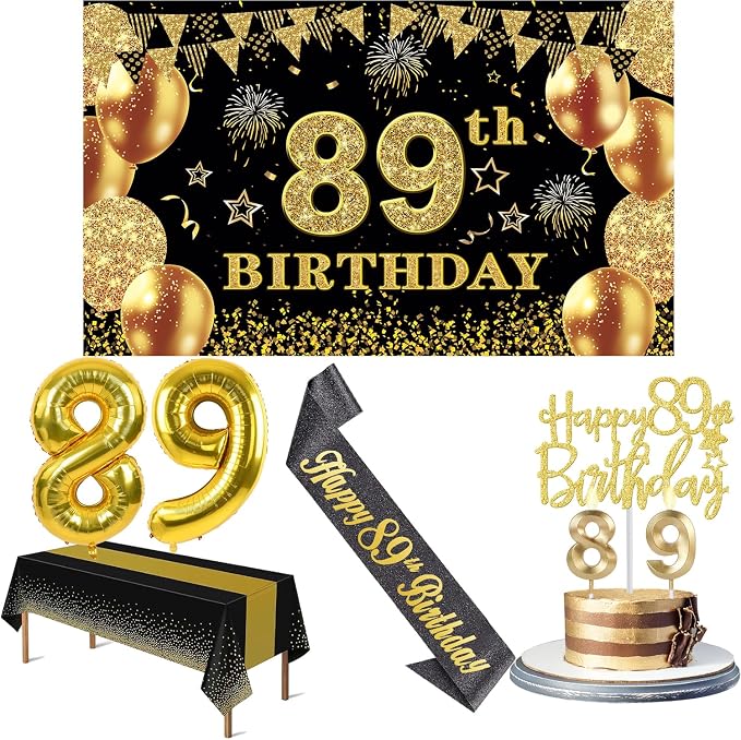 89th Birthday Decorations Men Women with 89th Birthday Banner, Black and Gold Table Cloth, Number Balloons, Sash, Cake Topper and Candles