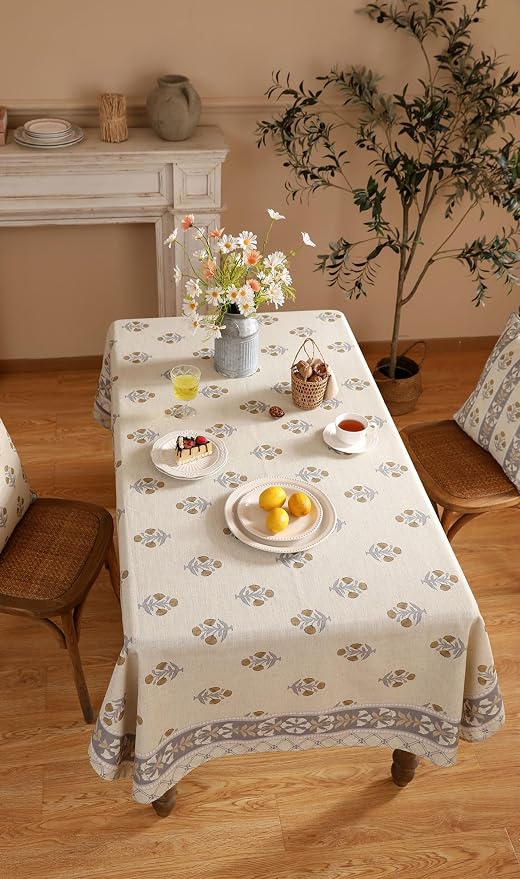 patdrea Vintage French Linen Tablecloth,Rectangular,79"x55"-Istana A | Heavyweight Elegant Table Cloth for Rectangle Table,Natural Floral Block Print,for Dining Room Tea Party Thanksgiving