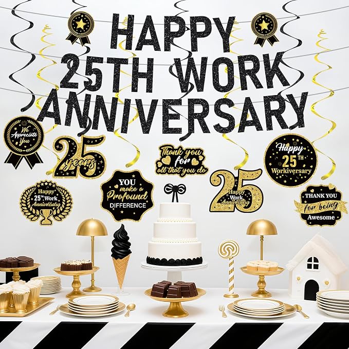 11pcs 25 Year Work Anniversary Decorations Black Gold Happy 25th Work Anniversary Banner Hanging Swirls Employee Appreciation Decorations Supplies 25 Year Workiversary Gifts for Employee Worker