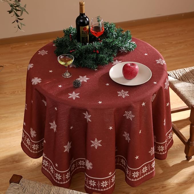 ISAENNE Designer Vintage Linen Round Tablecloth,Diameter 67"-Carol C | French Elegant Table Cloth for Round Table,Red,Durable,Heavyweight,Dining Room,Kitchen,Tea Party,Thanksgiving,Christmas