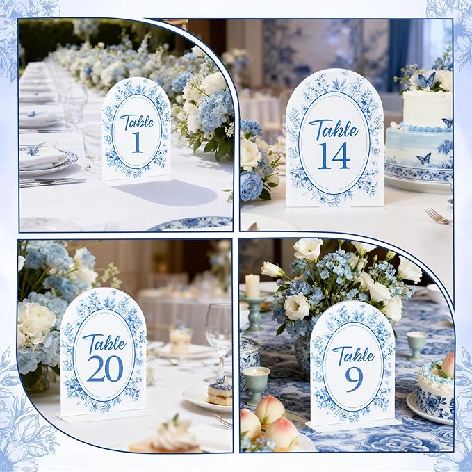 Blue Toile Themed Wedding Acrylic Table Number 1-20 with 20Pcs Stands, 5"x7" Blue Floral Place Card Centerpiece Decor Indoor Outdoor Wedding Bridal Shower Anniversary Party Reception