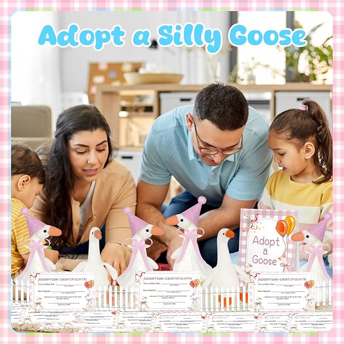39 Pcs Adopt a Silly Goose Party Favor Include 12 Silly Goose Stuffed Animal 12 Mini Hat 12 Adoption Card 1 Adoption Sign 1 Ribbon 1 Fence for One Silly Goose Baby Shower Party 1st Birthday Decoration
