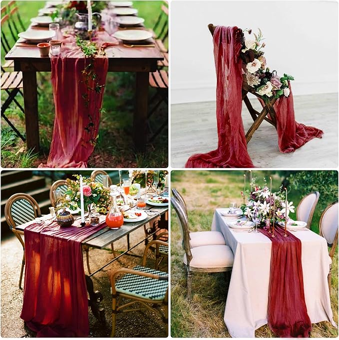 15 Pack Cheesecloth Table Runner 6FT Gauze Cheese Cloth Table Runner 35 x72Inch Romantic Boho Table Runners for Wedding Birthday Party Bridal Baby Shower Gender Reveal Engagement Table Décor(Burgundy)