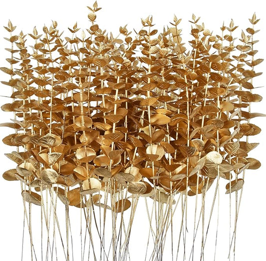 Gold Artificial Eucalyptus Stems 15'' Faux Eucalyptus Leaves Decor Flowers for vase Wedding Bouquet Centerpiece Flower Florals and Greenery for Home Decor (72, Gold)