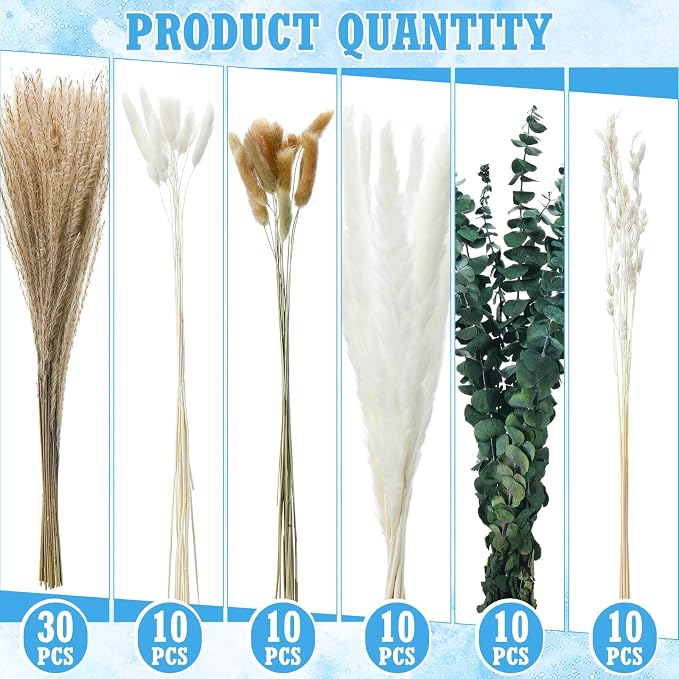 Qinyoung 10 Set Dried Pampas Grass Centerpiece for Wedding Baby Shower Party 10 Glass Flower Jars 10 Artificial Roses 80 Dried Pampas Grass with Rope for Rustic Bridal Farmhouse Decoration (Blue)