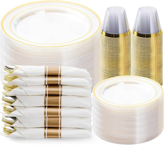 BESTVIP 350PCS Clear Gold Plastic Dinnerware Set for 50 Guests, Disposable Party Plate for Christmas and New Year,Halloween, Include: 100 Plastic Plates, 50 Pre Rolled Napkins with Silverware, 50 Cups