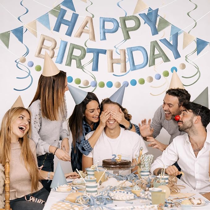 Kriyokiaa Pre-Strung Felt Happy Birthday Banner Dusty Blue Sage Green Happy Birthday Party Decorations with Pom Pom Garland, Flag and Hanging Swrils for Men Boys Party Decor