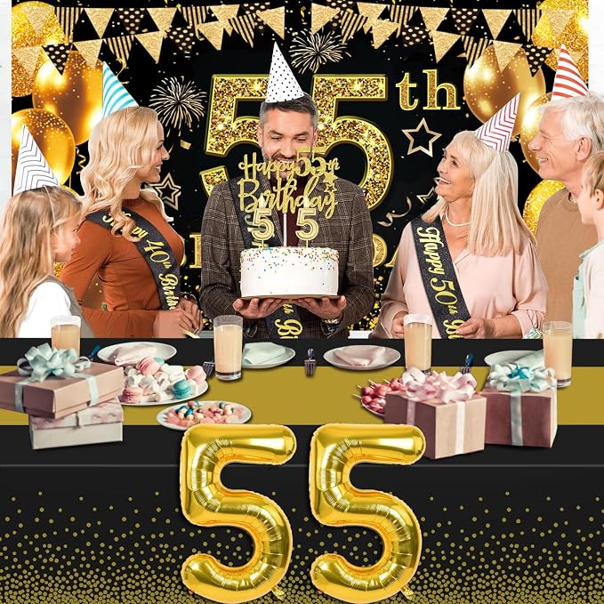 55th Birthday Decorations for Men Women with 55th Birthday Banner, Black and Gold Table Cloth, Number Balloons, Large Sash, Cake Topper and Candles