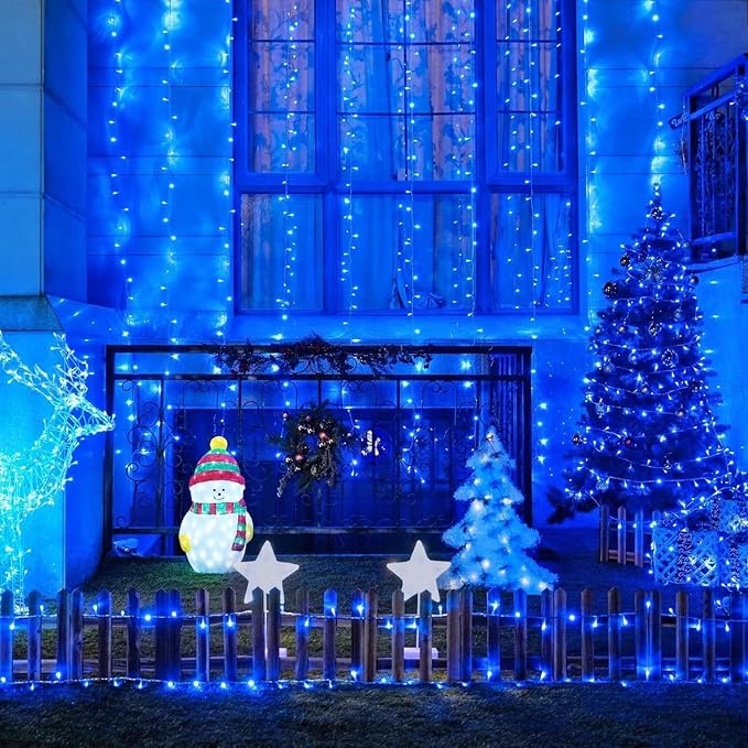 LAMPHOME 33FT 100 LED Blue Christmas Lights,16 Modes Connectable Fairy String Lights, Plug in Indoor Outdoor Blue Lights for Xmas Tree, Party, Garden, Hanukkah, Independence Day Patriotic Patio Decor