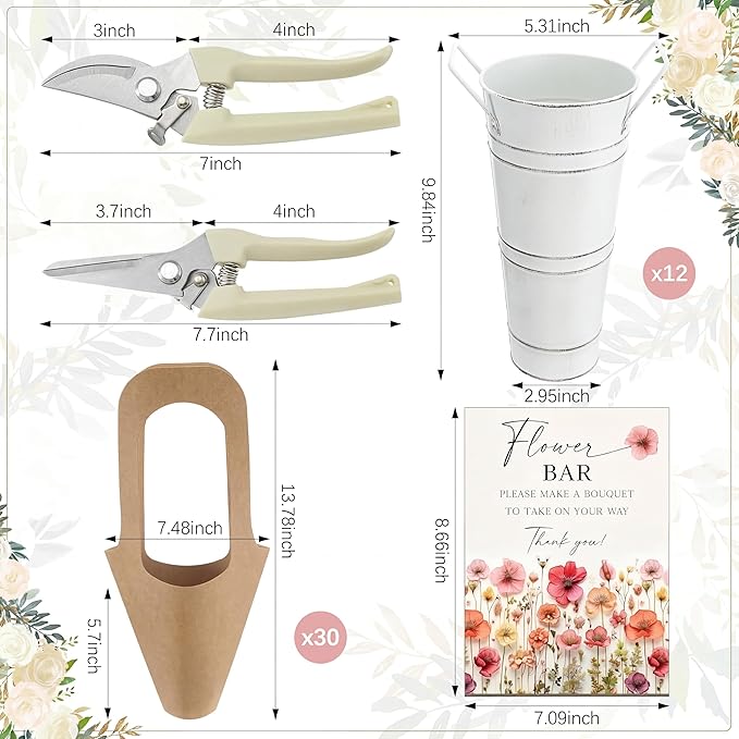 LEIFIDE Flower Bar Buckets Set Kit Bloom Bar Supplies Include Wood Sign Gift Bags Iron Bucket Garden Flower Shears for Wedding Bridal Shower Graduation Birthday Table Centerpieces(45 Pcs,White)