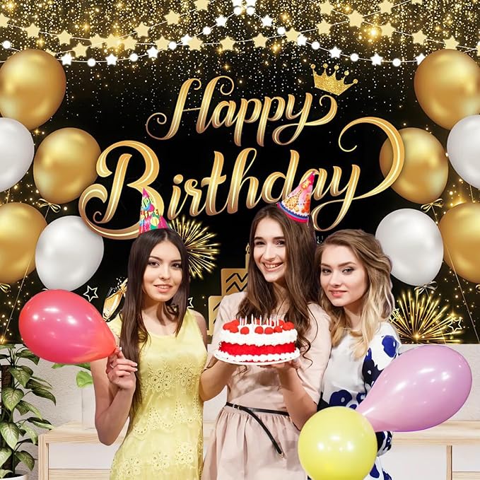 Happy Birthday Backdrop 10x8ft For Men Women Boys Girls Black and Gold Happy Birthday Sign Wall Banner Decorations Large Birthday Party Photo Background Poster Supplies Polyester Fabric