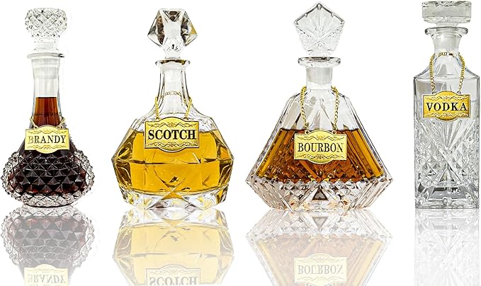 Decanter Tags - Liquor Tags (Set of 8, Golden Colour) Liquor Decanter Label:Gin, Vodka, Bourbon, Whiskey, Brandy, Rum, Scotch, Tequila - Tags for Liquor bottle, Adjustable Chain, 2.36 x 1.57 inches