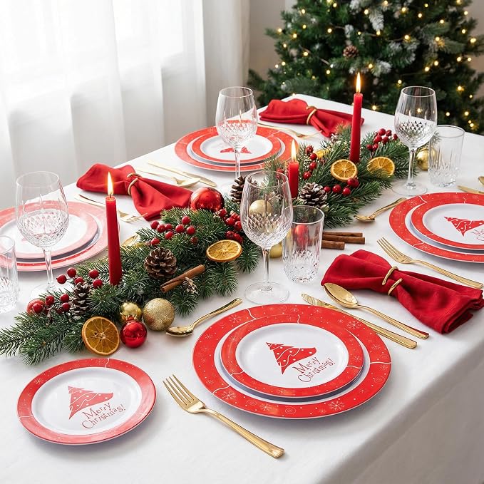 Rubtlamp 125Pcs Christmas Plastic Plates, Plastic Red Plates with Snow Christmas Tree, christmas Dinnerware Disposable Include 25 Party Red Dinner Platos,25 Fancy Salad plate,75 Gold Cutlery