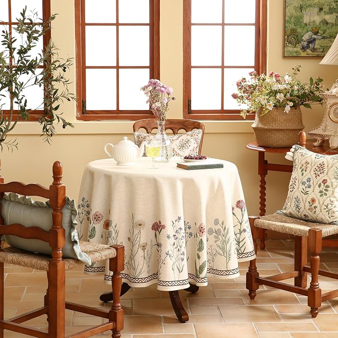 ISAENNE Designer Linen Round Tablecloth,Diameter 67"-Serenity G | Vintage Elegant French Floral Durable Table Cloth,Light Beige,Decor,Heavyweight,Dining Room,Tea Party,Kitchen,Thanksgiving