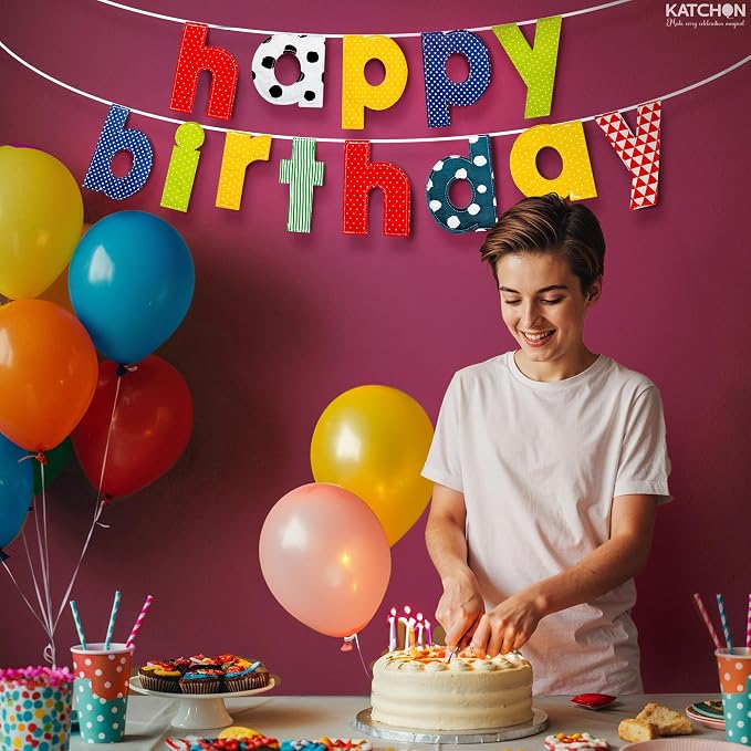 KatchOn, Fabric Happy Birthday Banner – 10 Feet, Resuable, Pre-Strung | Happy Birthday Sign for Colorful, Rainbow Birthday Decorations | Colorful Party Banner for Multicolor Birthday Party Decorations