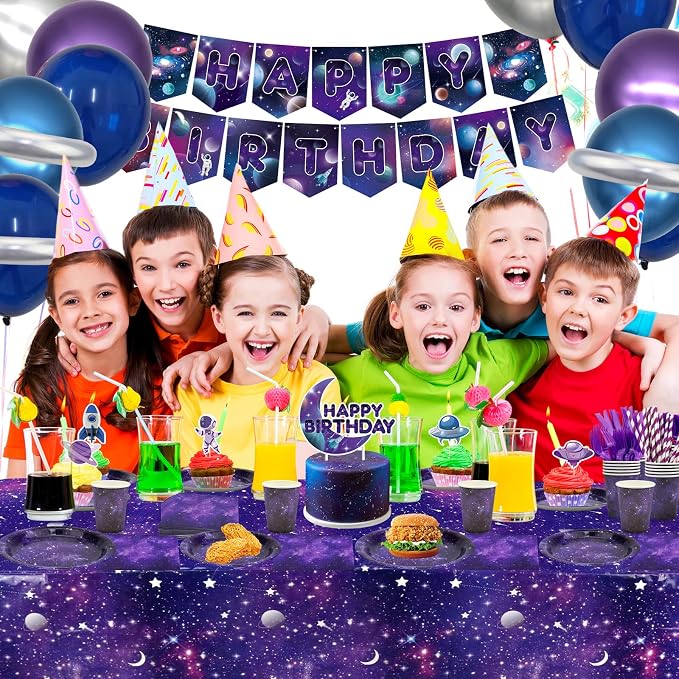 Galaxy Theme Party Decorations, Space Galaxy Happy Birthday Banner, Balloons, Tablecloth, Cupcake Toppers, Foil Curtains, Plates, Cups, Napkins, Galaxy Outer Space Birthday Party Supplies, Serves 20