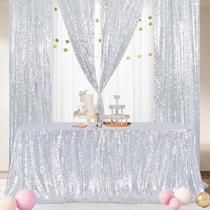 Poise3EHome Silver Sequin Tablecloth 60×120 Inch Rectangle Sequin Fabric Table Cloth for Baby Shower Birthday Christmas Party Wedding Christmas Holiday Cake Table Decoration