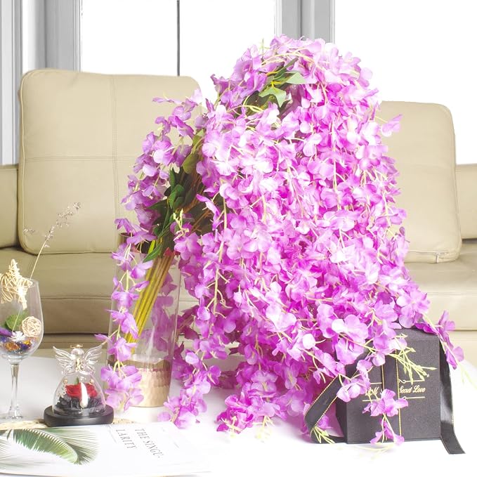 AITISOR 12 Pack Artificial Flowers Silk Wisteria Vine Ratta Hanging Flower (Purple)
