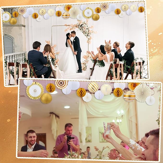 Retisee 18 Pcs Metallic Gold Party Decorations Kit Hanging Metallic Gold Paper Lanterns Paper Fans Honeycomb Balls for Birthday Anniversary Celebration Wedding Graduation Decoration Supplies