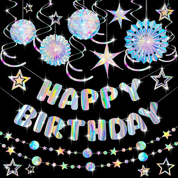 Knitgrip 23 Pcs Pre-strung Iridescent Birthday Party Decorations Aurora Holographic Party Decorations Include Disco Sparkly Happy Birthday Banner Hanging Honeycomb Ball Paper Fan Snowflake Star