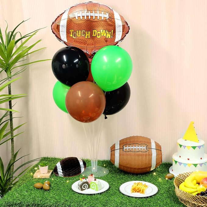 Football Party Balloons Stand Kit 2 Sets with 2 Rugby Ball Foil Balloons Football Themed Party Balloon Centerpiece for Tables for Game Sports Graduation Birthday Footballs Themed Decorations