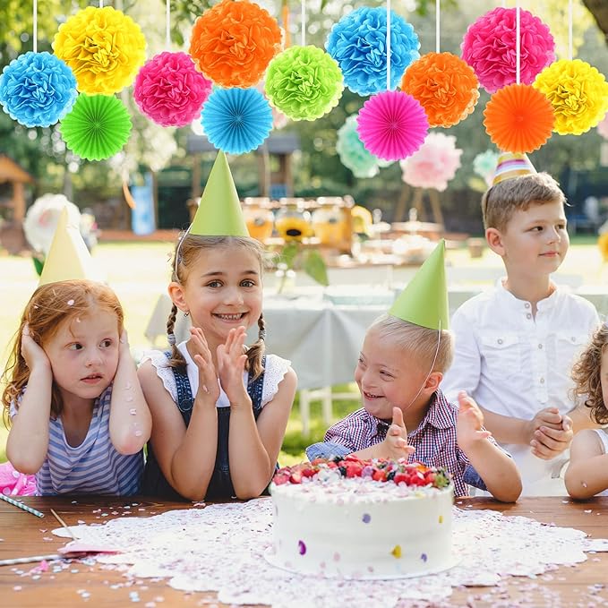 Janinka Color Hanging Decorations- Tissue Paper Pom Poms and Fans Ceiling Decorations Paper Flowers for Birthday, Baby Shower, Bachelorette Bridal Wedding Supplies