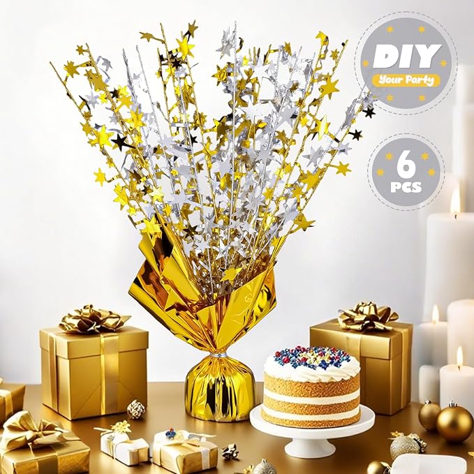 6 Pack Metallic Foil Spray Centerpiece Star Table Decoration Burst Table Centerpieces for Birthday Weddings Anniversaries Christmas New Year Holiday Party Supplies Decor (Gold Silver)
