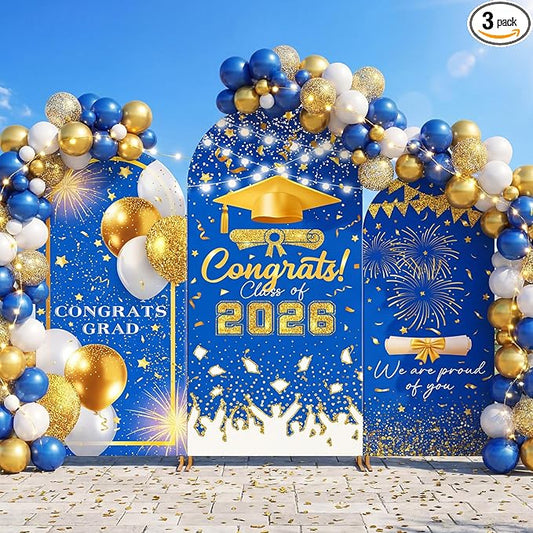 WovWeave Graduation Arch Backdrop Stand Cover Set of 3-4ft 5ft 6ft Grad Arch Cover Photo Booth Backdrop Decorations for Graduation Party Decor Supplies(Blue Gold,Congrats)