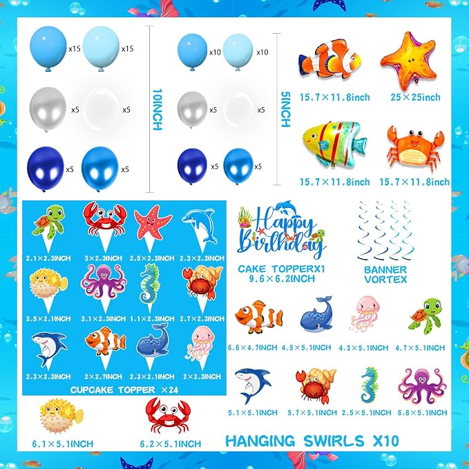 Under The Sea Party Decorations,282pcs Ocean Themed Party Decorations With Under The Sea Plates and Napkins Cups Tablecloth Ocean Backdrop Balloon Arch Cake Toppers For Sea Party Decorations