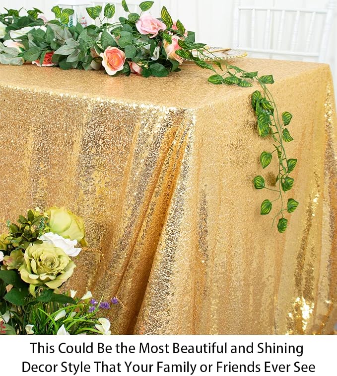 ShiDianYi Rectangular Tablecloth - Gold 90x132-Inch Sequin Overlay - Wedding, Birthday & Promotion Reception Decoration