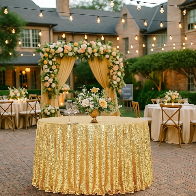 Eternal Beauty Gold Tablecloth, 120 Inch Round Sequin Tablecloth for Valentines Party Cake Dessert Table Exhibition Events
