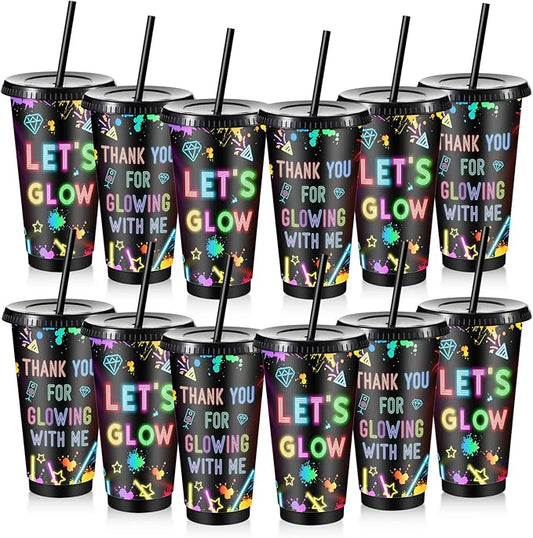 Chuangdi 12 Pcs 24 oz Neon Party Plastic Cups with Lids and Straw Reusable Tumblers Gifts for Glow Party Favors Decorations Night Event Birthday Supplies