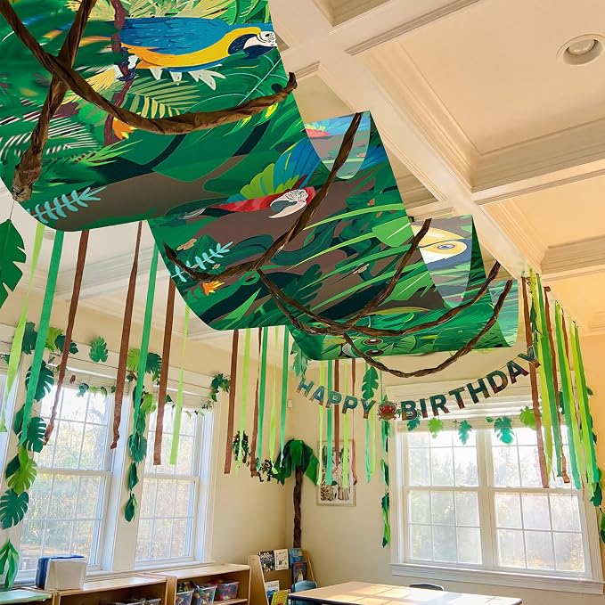Feifeiya 3 Pcs 36 ft Rainforest Theme Party Decor 2026 VBS Decorations Tropical Forest and Bird Rainforest Safari Ceiling Banner Party Hanging Decor for VBS Sunday School Classroom