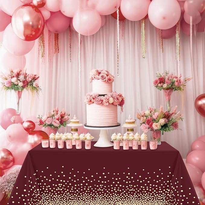 Tegeme 256 Pcs Maroon and Gold Dot Party Supplies Serve 36 Guest Burgundy Red Paper Plates Napkin Tablecloth Disposable Dinnerware Plastic Fork Knives Cup for Birthday Baby Shower Wedding Decoration