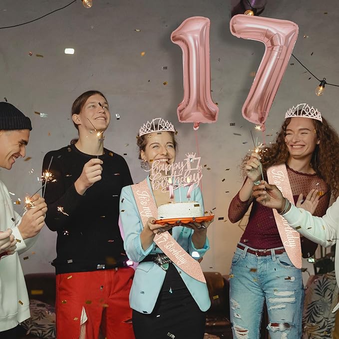 17th Birthday Decorations for Girl, Including 17th Birthday Tiara and Sash, Cake Topper and Candles, Number Balloons, Greeting Card, 17 Year Old Gifts for Girls