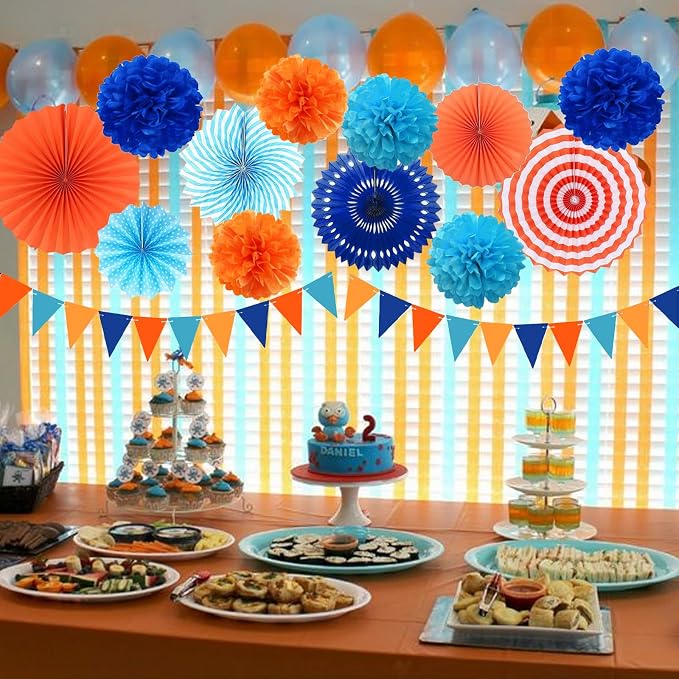 Blue and Orange Party Decorations Set Kids Birthday Paper Fan Tissue Pom Poms Streamers Theme Party Supplies Tassel Garland Banner Blue Orange Party Supplies