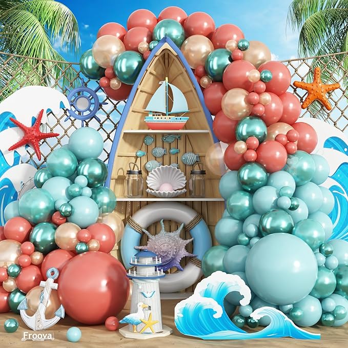 Tropical Balloon Garland Arch Kit, 144pcs Retro Orange Pastel Aqua Teal Blue Rose Gold Turquoise Metallic Dark Green Balloon for Birthday Hawaiian Luau Baby Shower Summer Theme Party Decoration