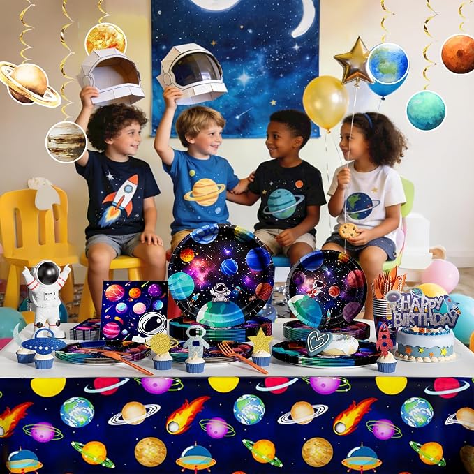 Hombae Outer Space Birthday Party Decorations, Space Themed Party Supplies with Balloons, Backdrop, Dinner & Dessert Plates, Banner, Tablecloth, Cups, Napkins, Cutlery for Kids Birthday