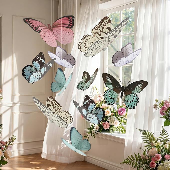 18 Pcs Large Butterfly Party Decorations 3D Paper Butterfly Hanging Decoration 2 Sizes Vibrant Paper Butterflies Birthday Party Supplies for Wedding Spring Baby Shower Room Ceiling Decor