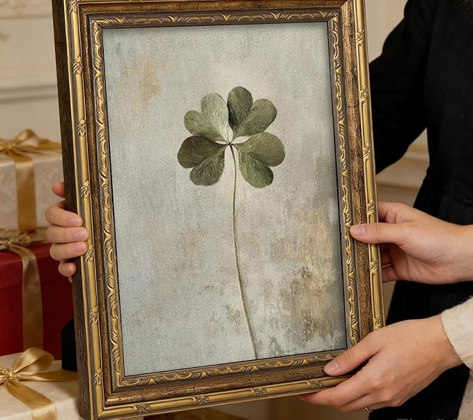Vintage Gold Framed Vintage Plant Wall Art Four-leaf clover Canvas Wall Decor Retro Shamrocks Poster Print Artwork Patrick's Day painting Picture for Home Living Bedroom Farmhouse Hallway