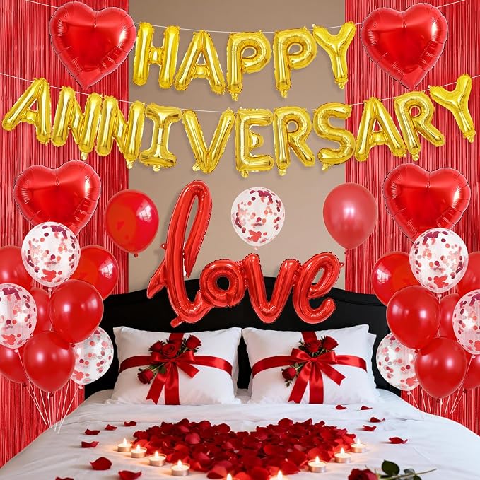 Anniversary Decorations Red,Happy Anniversary Balloon Banner with love and Heart Foil Balloons Fringe Curtain for Wedding Party Valentine's Day Romantic Night Surprise