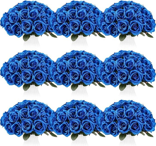 Jexine 100 Pieces Artificial Roses Flowers Bulk, Long Stem Realistic Fake Silk Roses Bouquet for Table Centerpiece Vases Wedding Party Kitchen Decor(Royal Blue)
