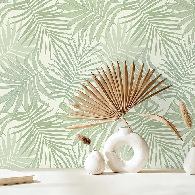 VEELIKE Green Tropical Wallpaper Peel and Stick Boho Palm Leaf Wallpaper for Bedroom Bathroom Walls 17.7''x354'' Self Adhesive Tropical Contact Paper Green Leaf Wall Paper Renter Friendly Removable