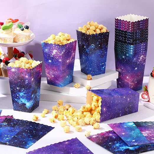 Honoson 48 Pcs Galaxy Popcorn Boxes 6 x 2.4 Inches Outer Space Popcorn Bucket Disposable Paper Food Trays Container Galaxy Space Birthday Decorations for Movie Night Baby Shower Party Supplies